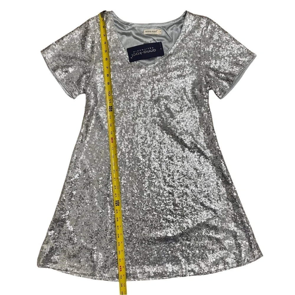 Anna-Kaci Sequin Shift Flared Tunic Mini Dress Silver SZ Large 60’s Inspired NWT
